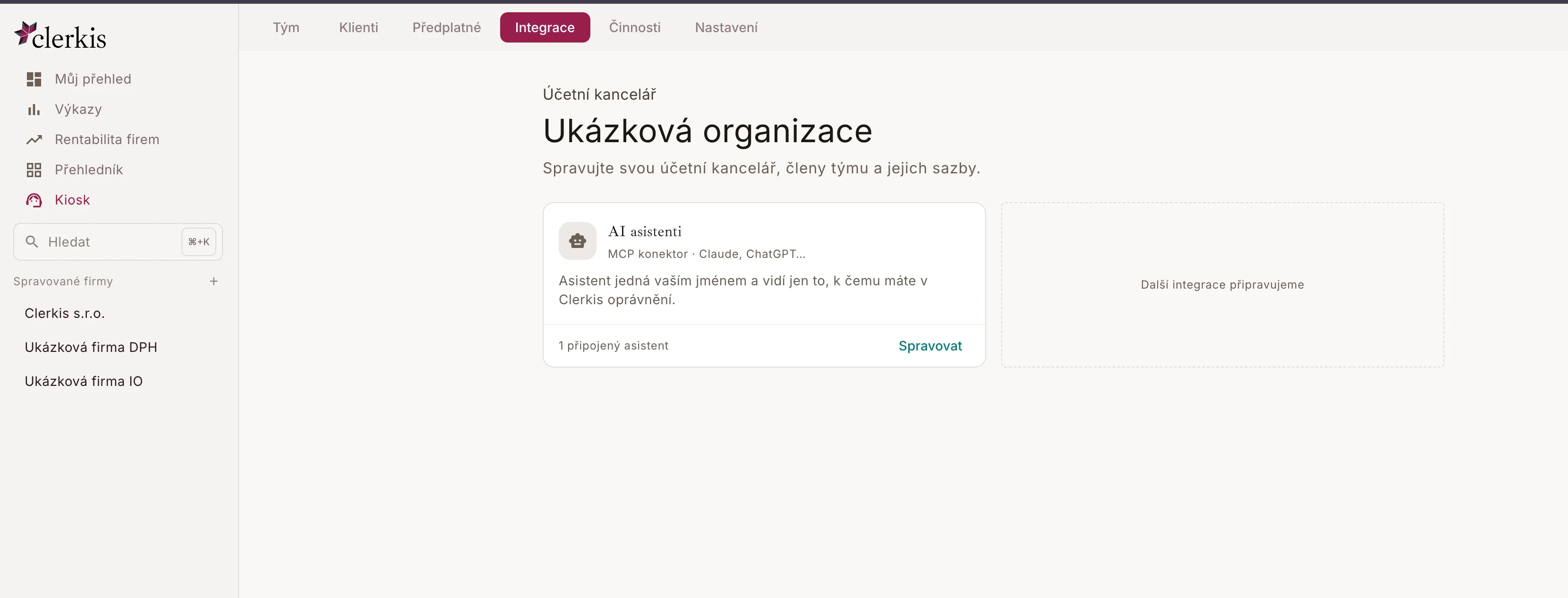 Karta Integrace v účetní kanceláři s dlaždicí AI asistenti
