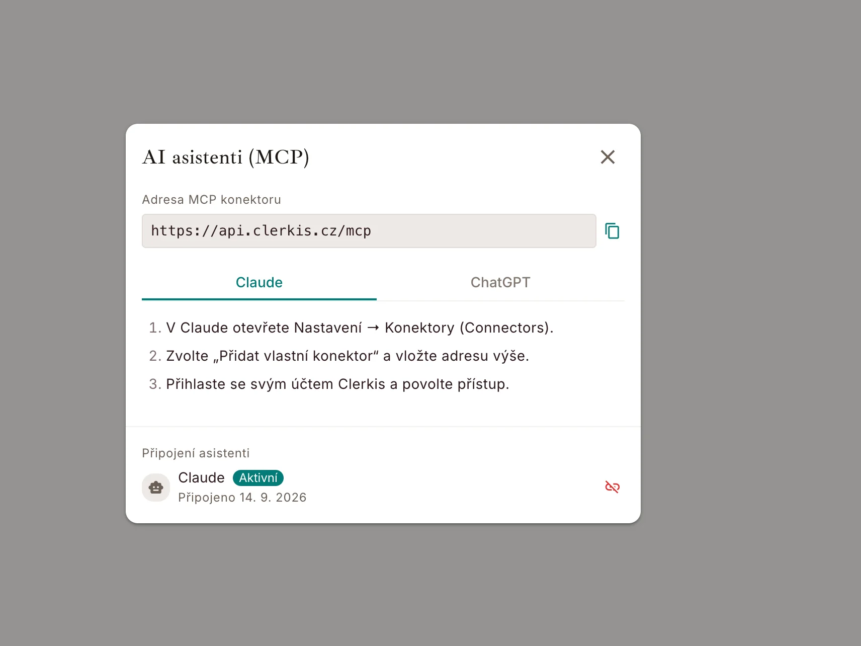 Dialog AI asistenti (MCP) s adresou konektoru, návodem pro Claude a seznamem připojených asistentů
