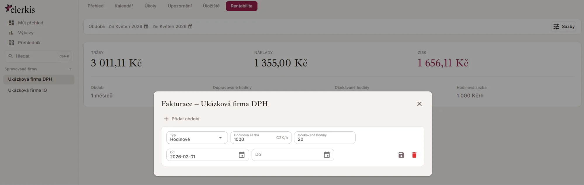 Nastavení hodinové sazby u klienta