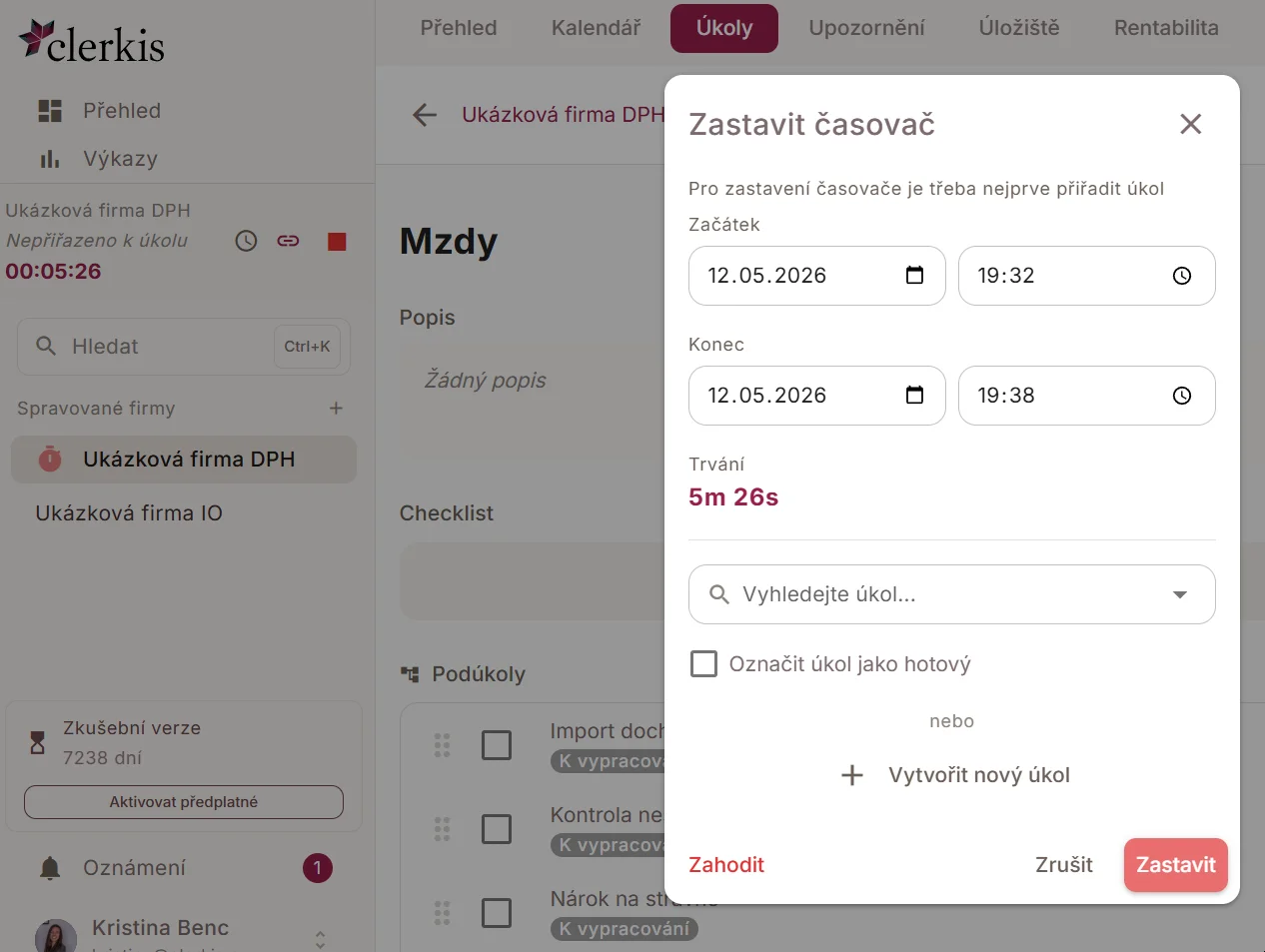 Dialog pro zastavení časovače