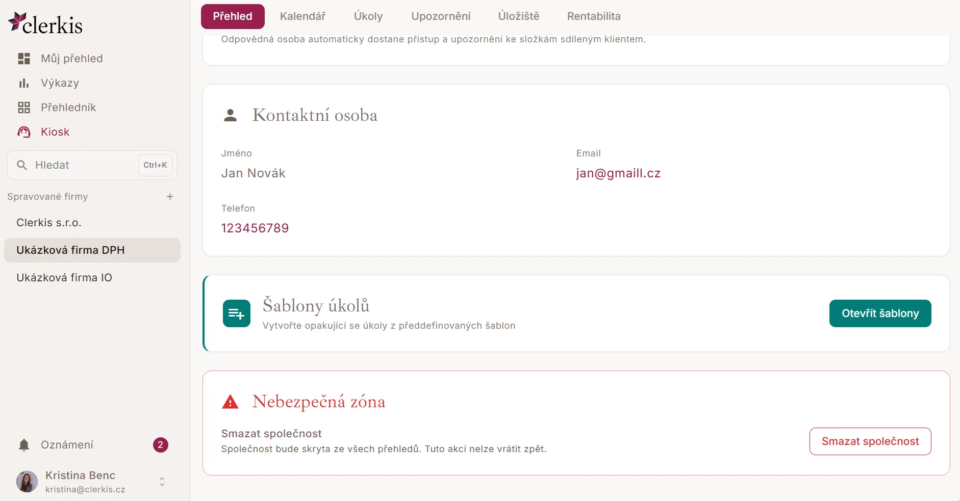 Nastavení šablon úkolů u společnosti