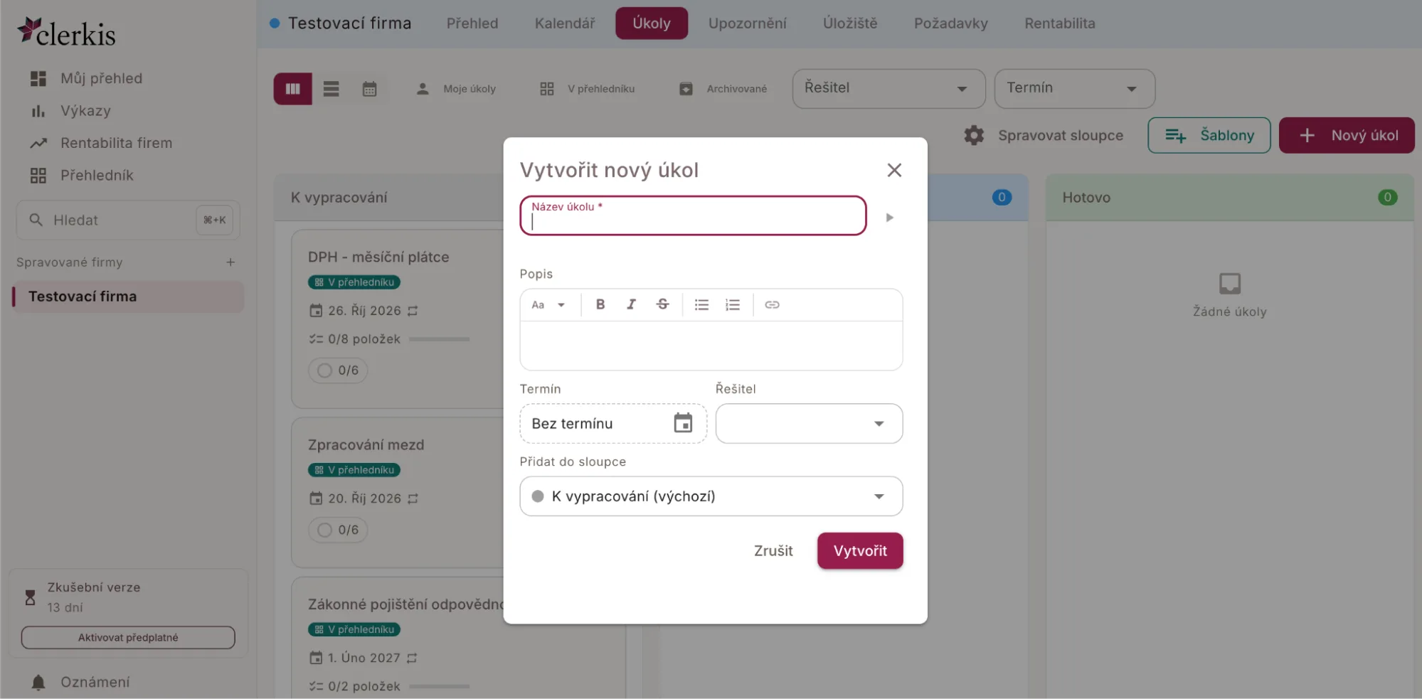 Vytvoření nového úkolu u firmy — název, popis, termín, řešitel a sloupec