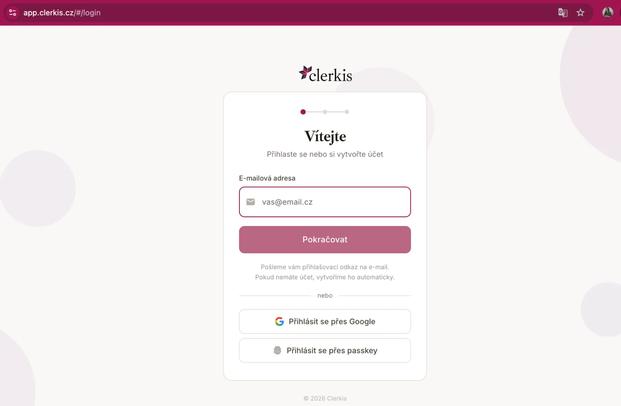 Přihlašovací stránka Clerkis — e-mail, přihlášení přes Google nebo passkey