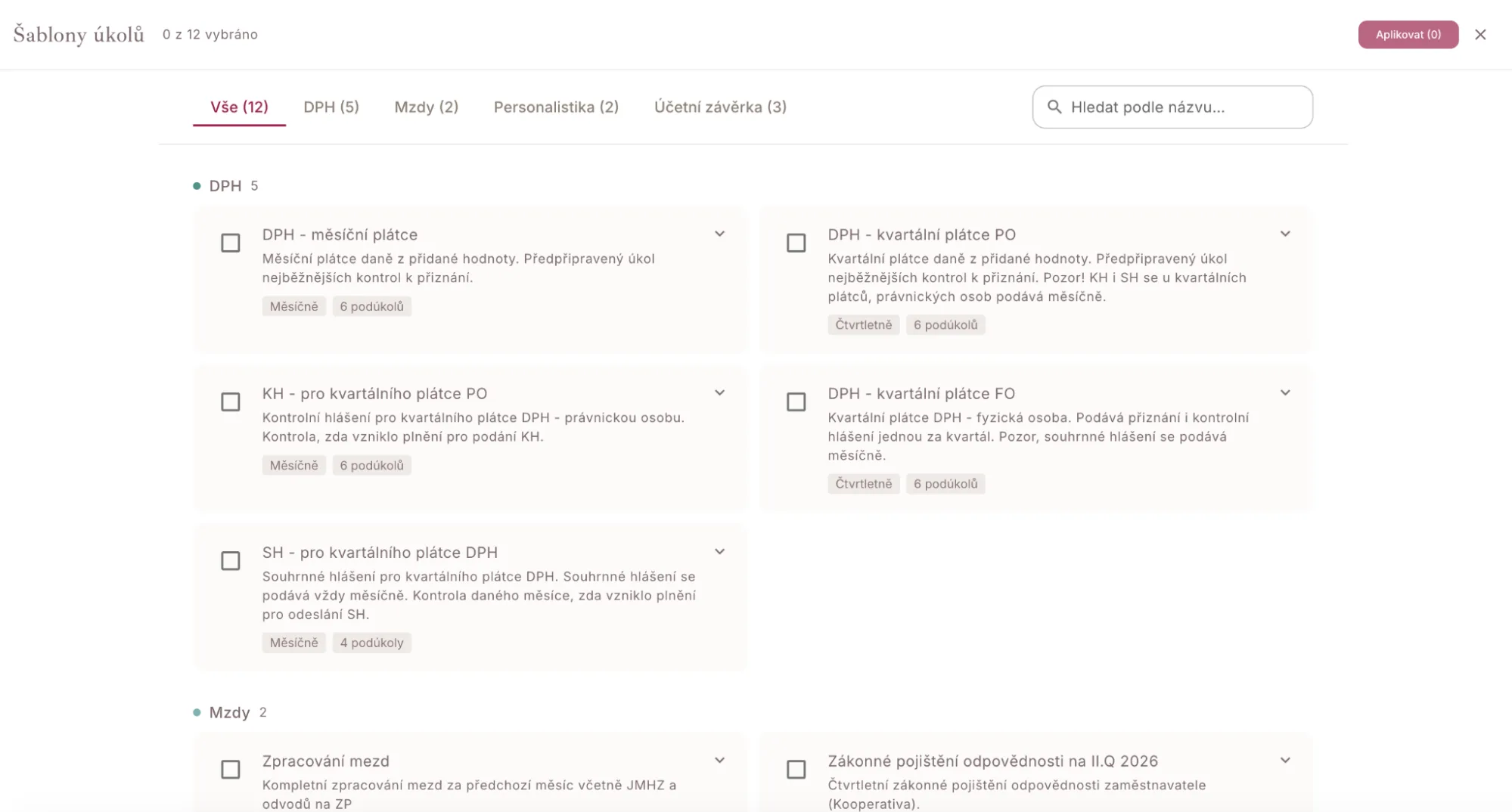 Výběr ze šablon úkolů pro DPH, mzdy, personalistiku a účetní závěrku