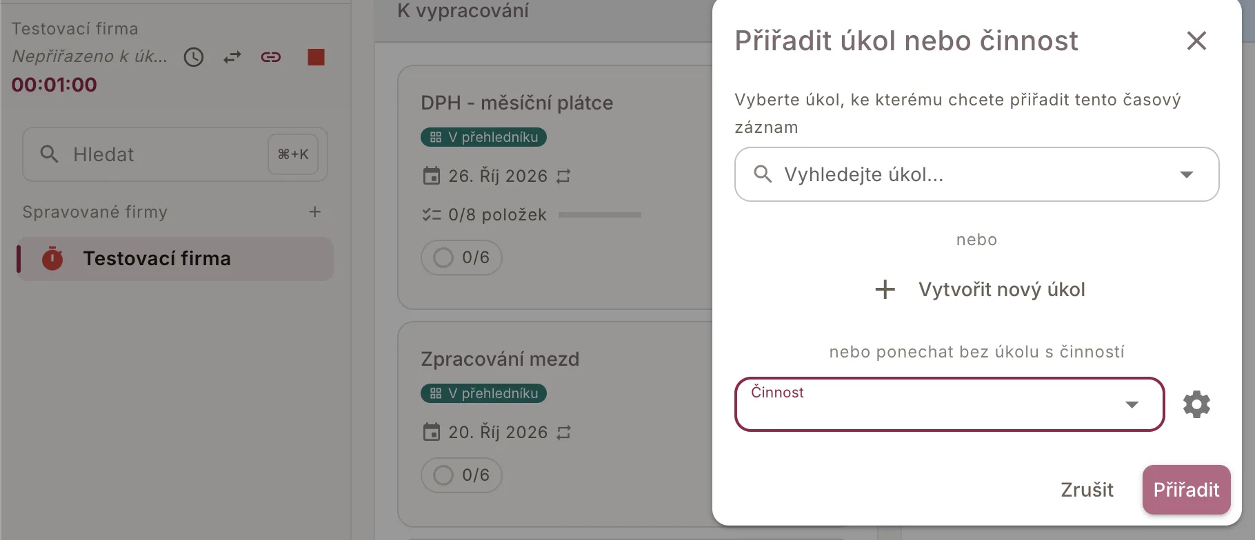 Přiřazení časového záznamu k úkolu, nebo činnosti