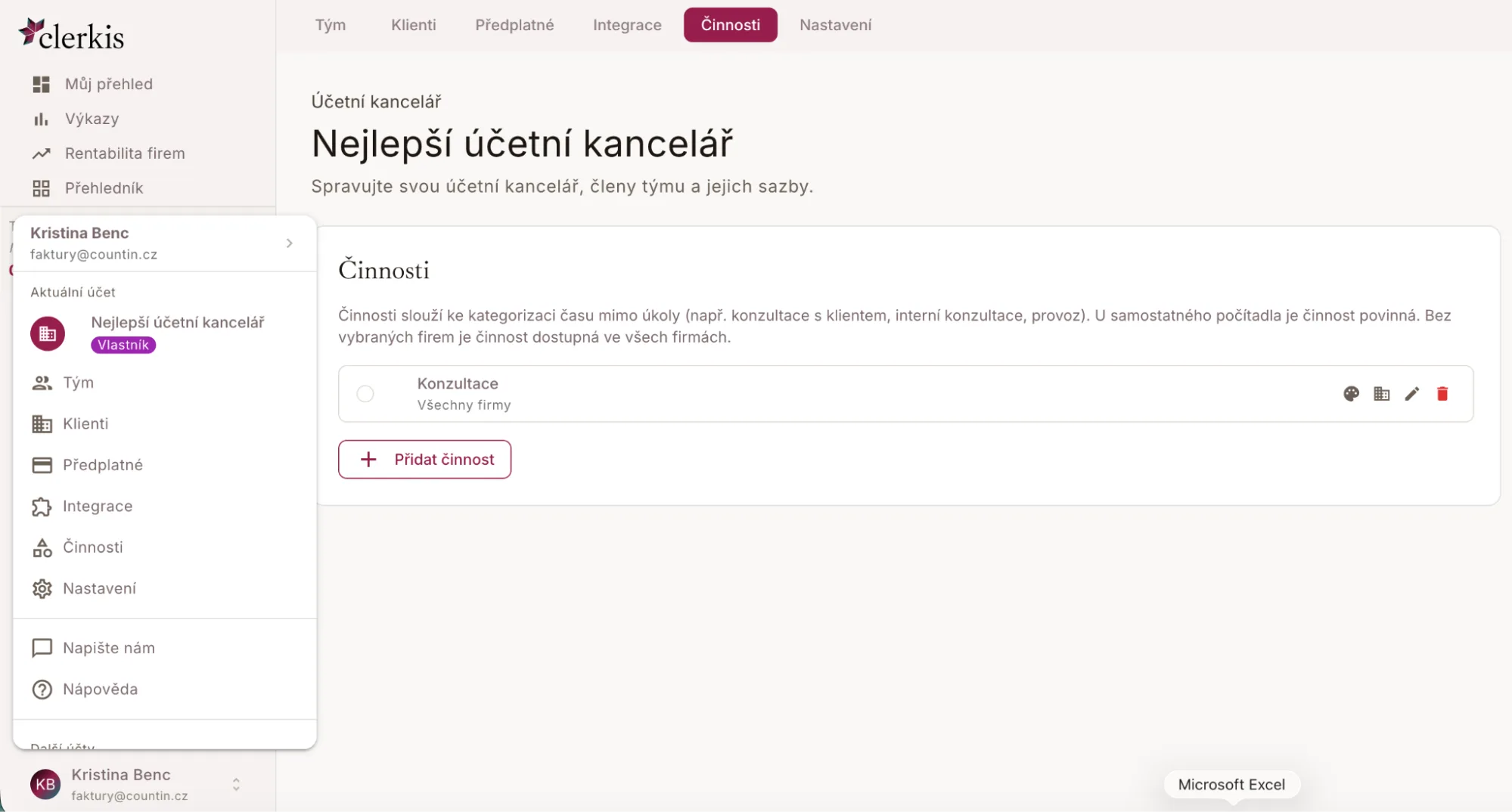 Správa činností v nastavení účetní kanceláře