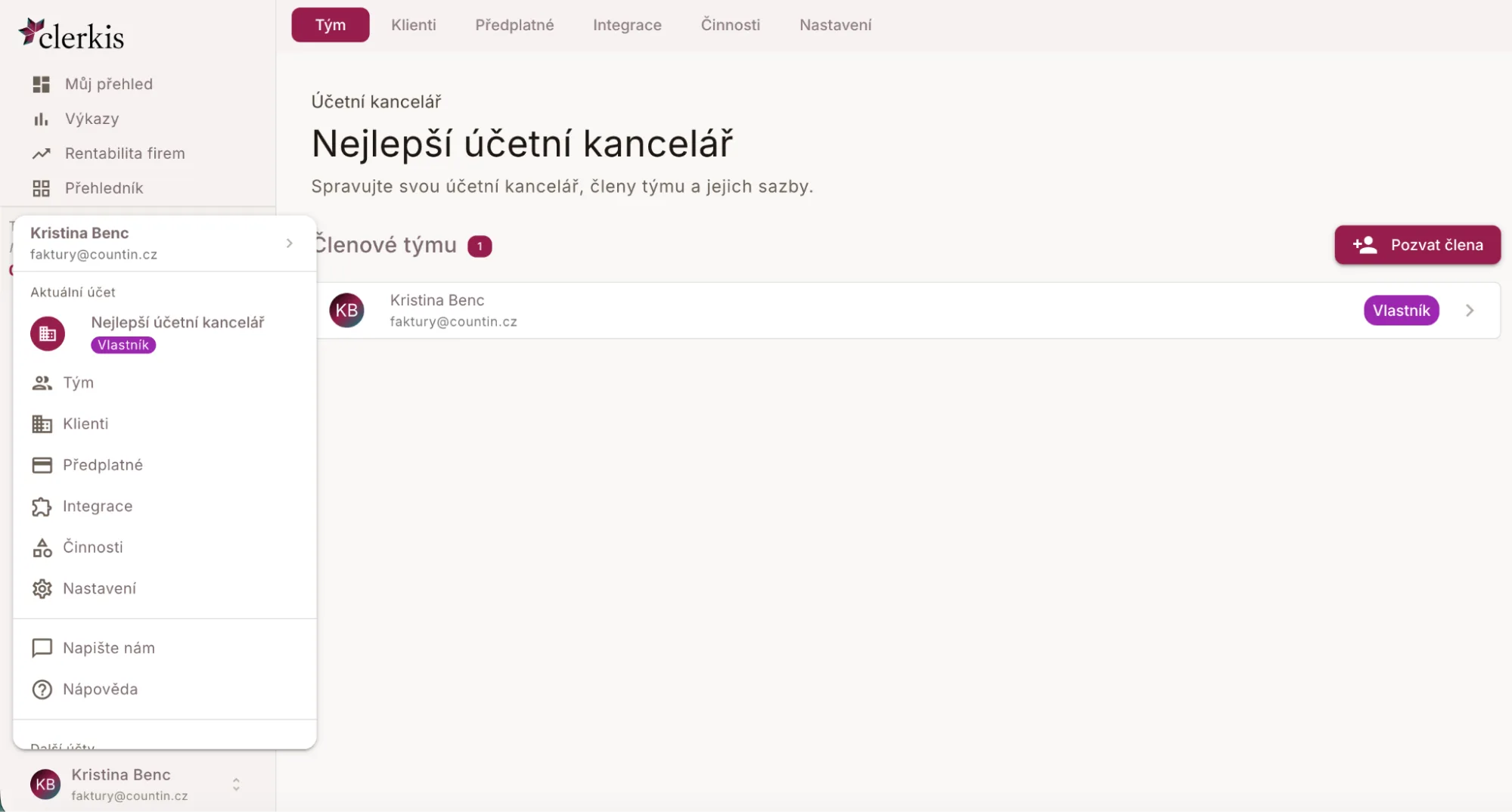Členové týmu a tlačítko Pozvat člena