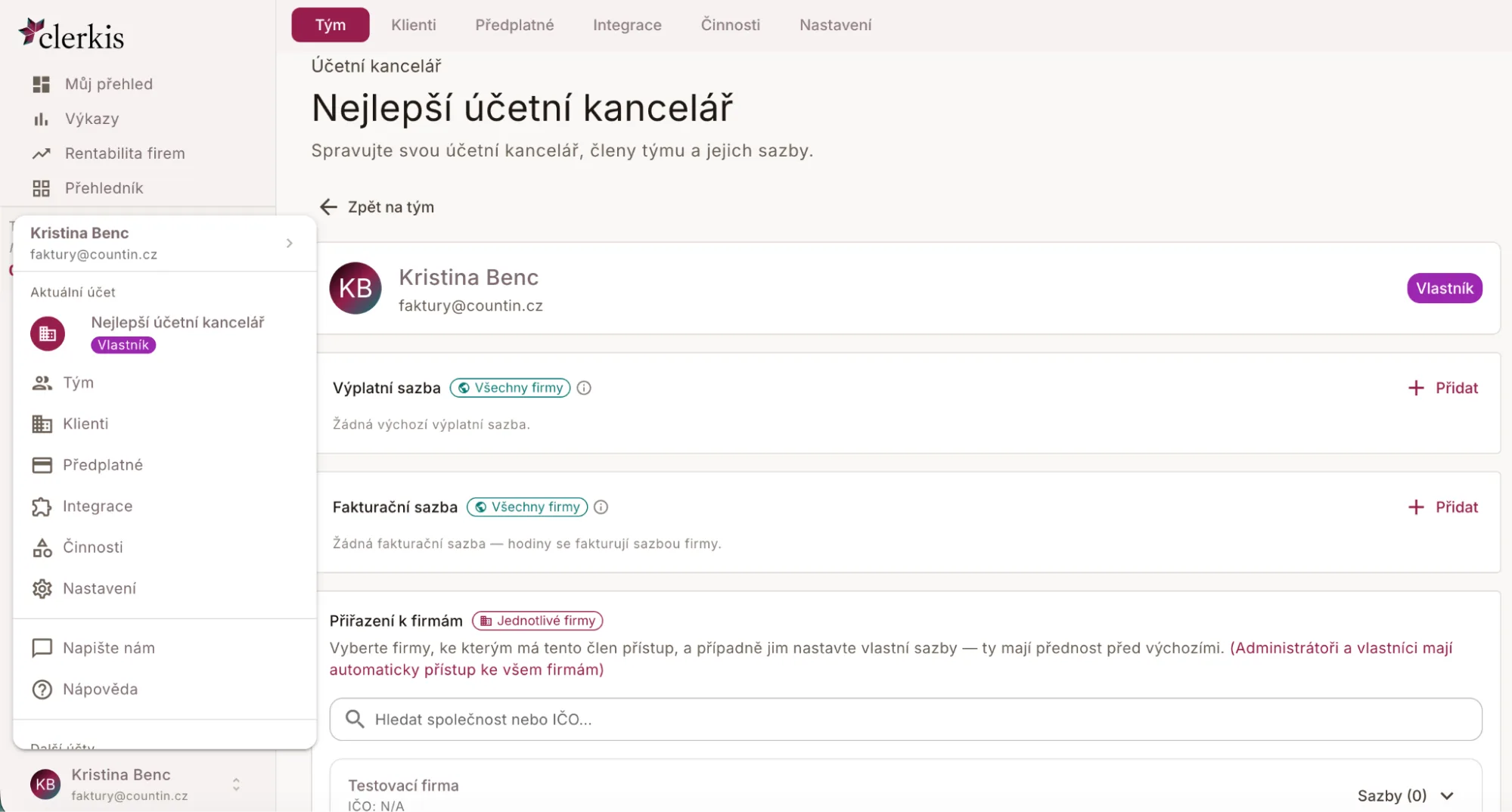 Detail člena týmu — výplatní a fakturační sazba a přiřazení k firmám