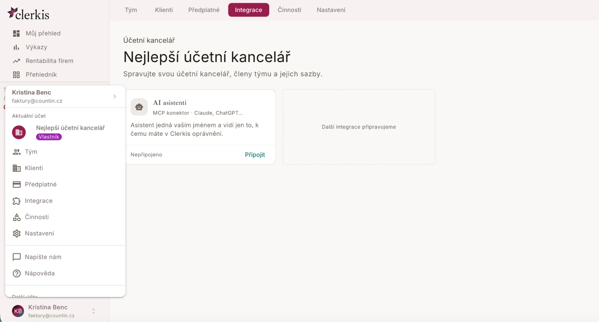 Integrace — připojení AI asistentů přes MCP konektor