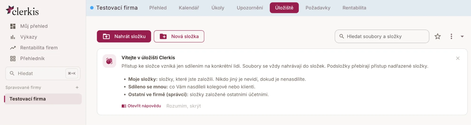 Úložiště firmy — nahrání a vytvoření složky