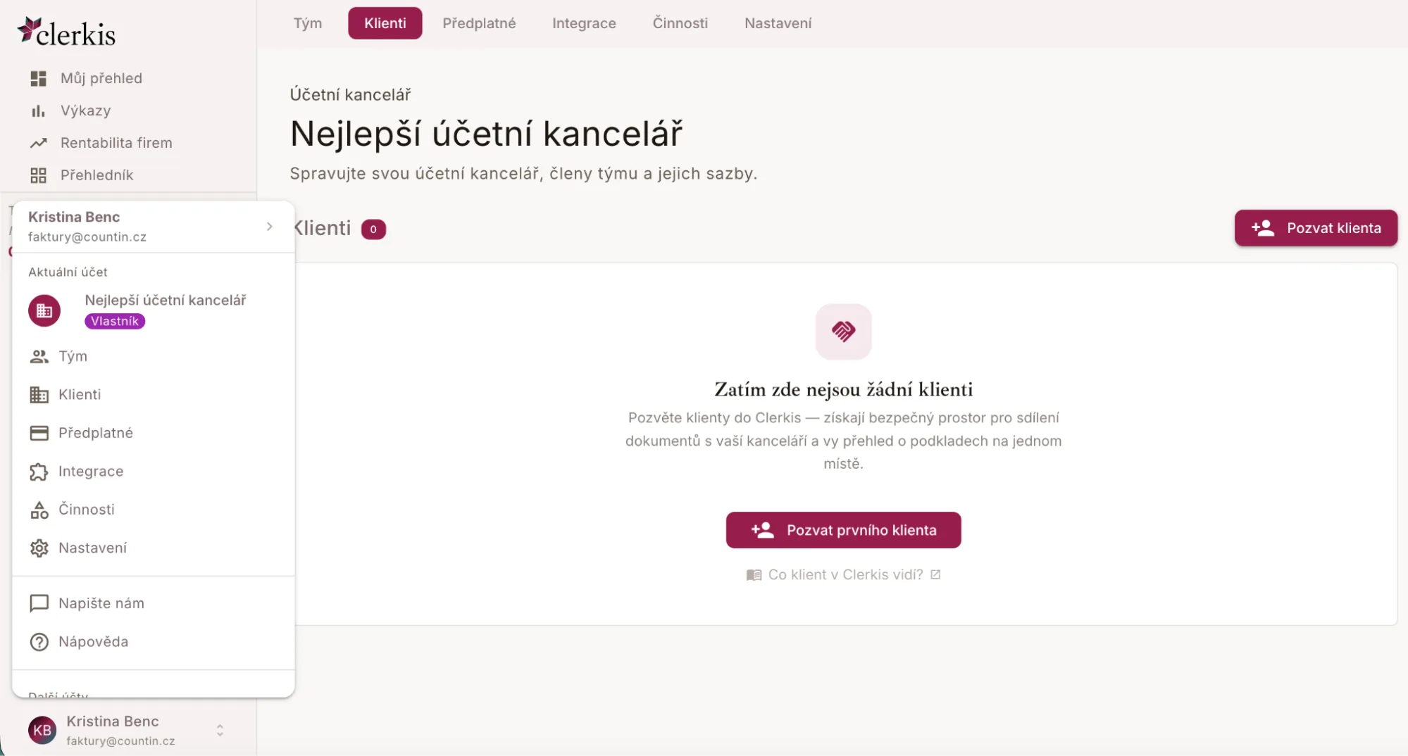 Sekce Klienti s tlačítkem Pozvat klienta