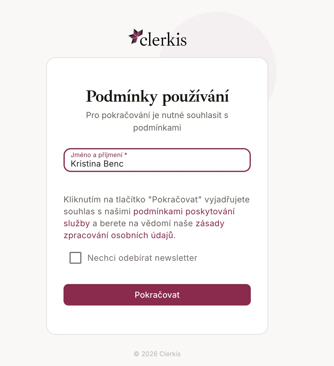 Vyplnění jména a souhlas s podmínkami používání