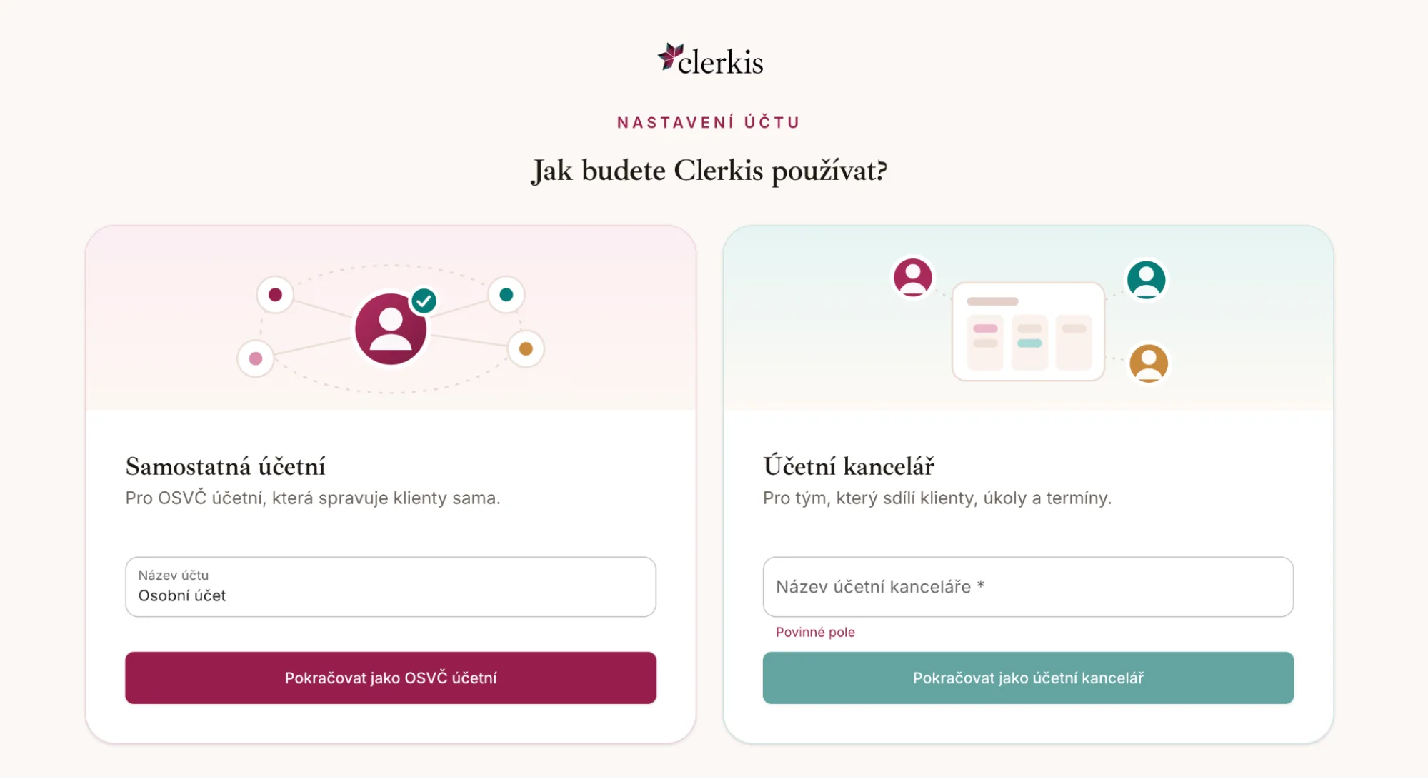 Volba typu účtu — samostatná účetní, nebo účetní kancelář